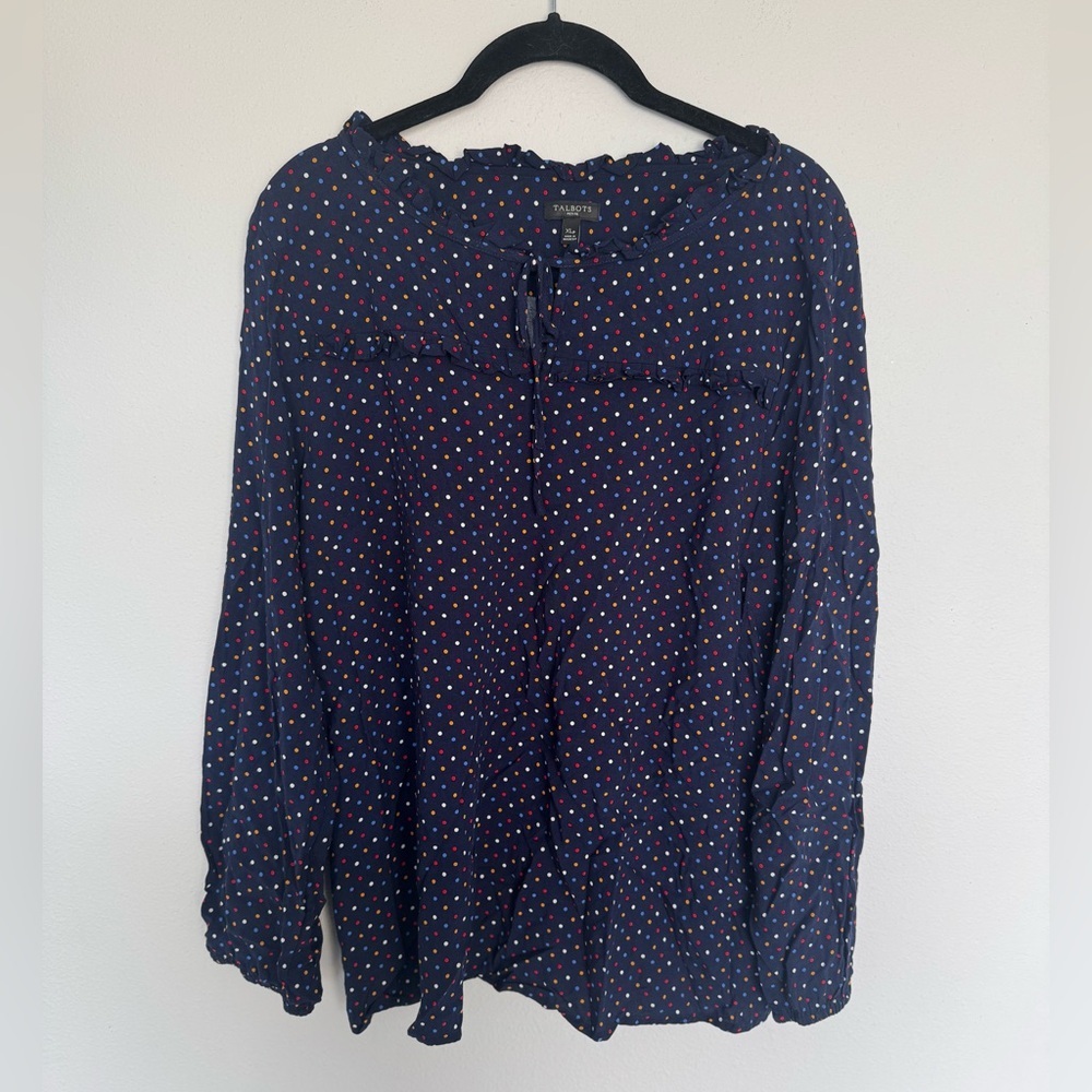 Talbots Dark Blue Blouse with Multicolor Dots and Tie Neckline